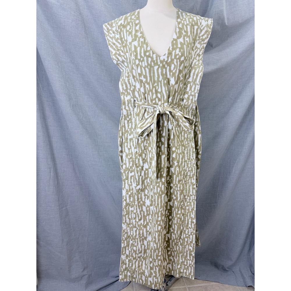 MIRTH Olive Block Print‎ Cotton Midi Dress Kantha Stitch Integrated Belt L